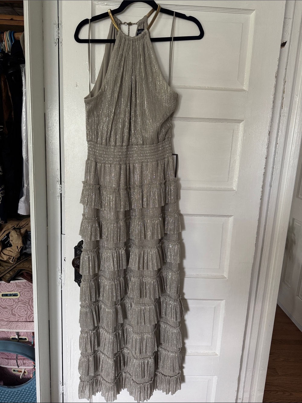 MSK Silver Halter Metallic Ruffle Maxi Dress